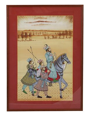 A DANS LE GOUT MOGHUL GOUACHE ON PAPER. Gouache on paper drawing depicting a horse rider and his 