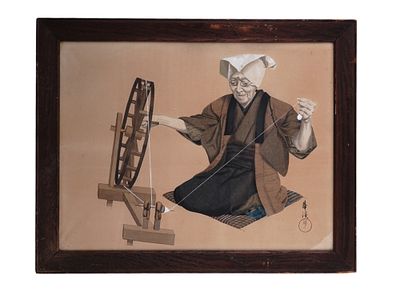 A JAPANESE MEIJI GOUACHE PAINTING, ELDERLY WOMAN SPINNING THREAD. A gouache on paper painting 