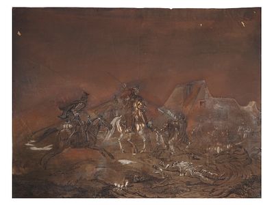AN UNKNOWN ARTIST, BATTLE SCENE PAINTING, 19TH CEN. A mixed medium painting on paper depicting 