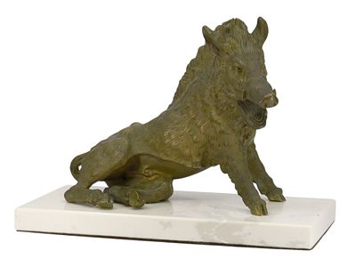 A BRONZE FIGURE OF THE 'CINGHIALE' (WILD BOAR), ITALIAN, 19TH CENTURY. Depicting a recumbent 