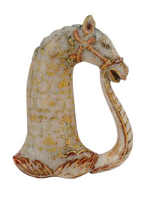 A PAINTED AND CARVED ALABASTER SWORD HILT, INDIA. A sword hilt of the characteristic Indian form 