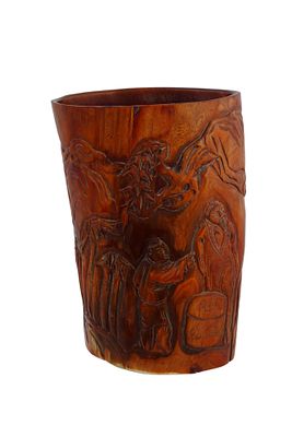 A CARVED POLISHED HORN CHINESE BRUSH POT, 19 CEN. Qing dynasty finally carved and polished horn 