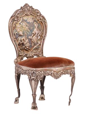 AN ENGLISH SILVER MINIATURE CHAIR, BIRMINGHAM, CIRCA 1890. A finely cast and chased silver 