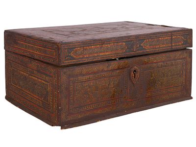 A QAJAR POLYCHROME LACQUERED AND PARQUETRY DECORATED WOODEN BOX, PERSIA, MID–19TH CENTURY. A 