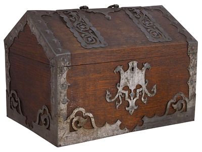 AN IRON-MOUNTED LIDDED CHEST, 19TH CENTURY. A rectangular oak chest with a hinged lid, the 