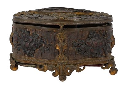 A FRENCH NAPOLEON III GILT BRONZE AND CARVED WOOD JEWELRY CASKET, C. 1860–1880. A highly ornate 