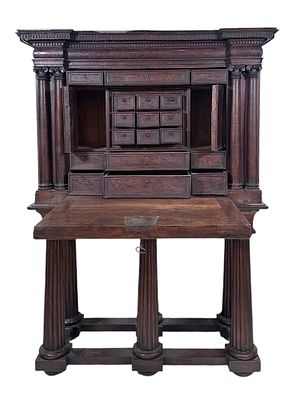 A 16TH CENTURY PALLADIAN RENAISSANCE WRITING CABINET, MONETARY CHEST. A mid to late 16th-century 