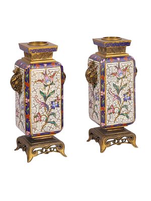 A PAIR OF CHINESE CLOISONN&Eacute; ENAMEL VASES ON GILT BRONZE STANDS, LATE QING DYNASTY. Each of the 