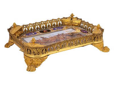 A GILT-BRONZE AND ENAMEL DESK STAND DEPICTING "ALEXANDER AND DARIUS AT GAUGAMELA". A finely 