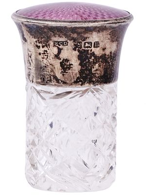 AN ENGLISH SILVER AND GUILLOCH&Eacute; ENAMEL-MOUNTED CUT GLASS SCENT BOTTLE, BY HENRY CHARLES DAVIS 