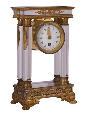 A FRENCH GILT BRONZE AND GLASS PORTICO CLOCK, BY BRUNIER, PARIS, LATE 19TH CENTURY. The 