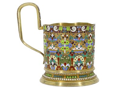 A RUSSIAN PARCEL-GILT CLOISONNE ENAMEL TEGLASS HOLDER, 19 CENTURY. Of cylindrical form on a 