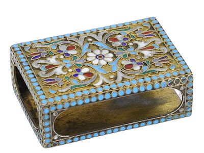 A RUSSIAN SILVER AND CLOISONNE ENAMEL MATCHBOX HOLDER, C. 1910. A Russian silver matchbox holder 