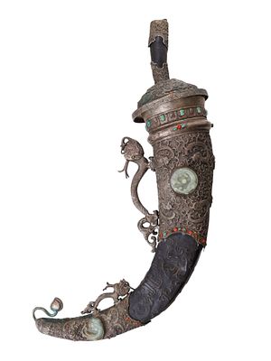 A LARGE MONGOLIAN RITUAL KNIFE AND SILVER SHEATH, C. 19TH C. A Mongolian ritual knife in an 