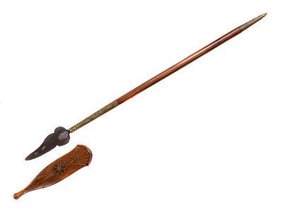 A MALAYSIAN OR INDONESIAN SPEAR WITH INLAID SPEARTIP, 20TH CENTURY. A fine Malasyan spear with a 