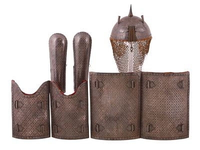 A FULL SET OF INDIAN CHAR-AINA ARMOR WITH HELMET AND TWO BAZUBANDS. A full set of Indian 