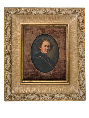 A WATERCOLOR ON CANVAS PORTRAIT AFTER REMBRANDT'S 'MAN WITH CHAIN'. A watercolor on canvas 