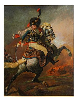 AN OIL ON CANVAS PAINTING AFTER THEODORE GERICAULT, THE CHARGING CHASSEUR. An oil on canvas 