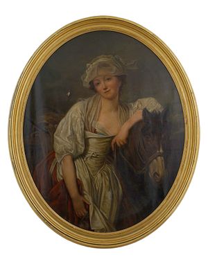 AN OIL ON CANVAS PORTRAIT AFTER JEAN BAPTISTE GREUZE 'LA LAITIERE'. A large oil on canvas 