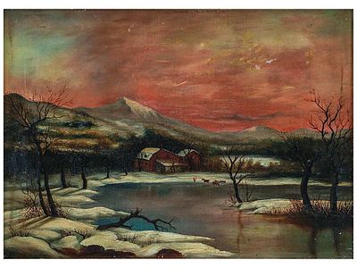 AN AMERICAN SCHOOL SNOWY LANDSCAPE WITH BARN, LATE 19TH CENTURY OIL ON CANVAS PAINTING. Oil on 