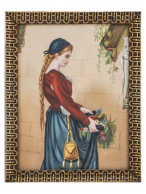 A CONTINENTAL HAND-PAINTED PORCELAIN PLAQUE DEPICTING A YOUNG GIRL WITH FLOWERS AT A SHRINE 