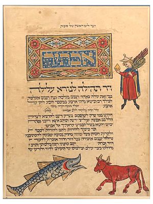 A FACSIMILE MEDIEVAL JUDAICA HAGGADAH PAGE, HEBREW SUKKOT TEXT, 20TH CEN. A page from a 