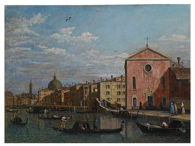 AN OIL ON BOARD VENETIAN CITY VIEW AFTER CANALETTO. An oil on board painting after an 18th 