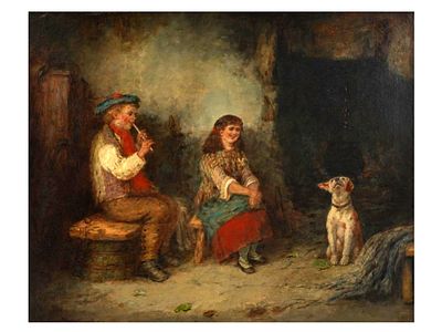 A MARK WILLIAM LANGLOIS (1848-1924) ATTR. SCOTTISH BOY PLAYING FLUTE WITH GIRL AND DOG. An oil 