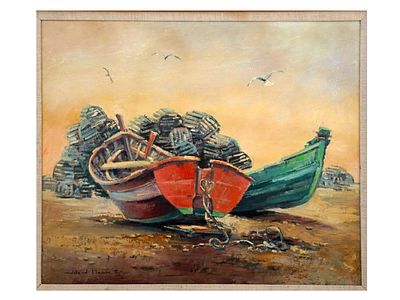 A WARD PALMER MANN (1921-2005) OIL ON BOARD PAINTING 'BOATS, PORTUGAL'. An oil on board painting 