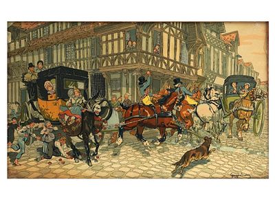 A GEORGE BUSSON DU MAURIER (FRENCH, 1834-1896) LITHOGRAPH STREET SCENE. A chromolithograph comic 