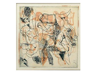 AN AVINASH CHANDRA (INDIAN, 1931-1991) ATTR. MIXED MEDIA EROTIC ARTWORK. An erotic scene 