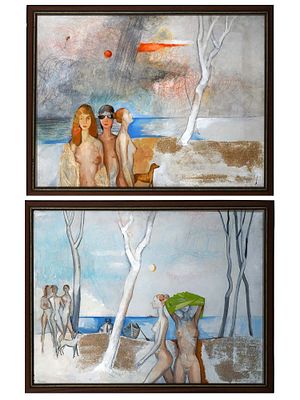 A PAIR OF VLADIMIR PENEV (BULGARIAN, B. 1956) EROTIC NUDIST BEACH SCENES. A pair of erotic 