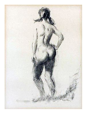 A CHARCOAL DRAWING OF A STANDING FEMALE NUDE, VEL MILLER, AMERICAN, 20TH CENTURY. Charcoal on 