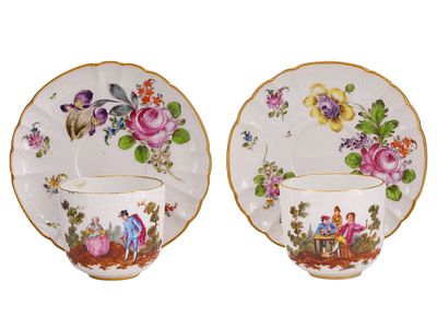 A PAIR OF RUSSIAN PORCELAIN CUPS AND SAUCERS, MID 19TH CENTURY. Each cup of cylindrical form 