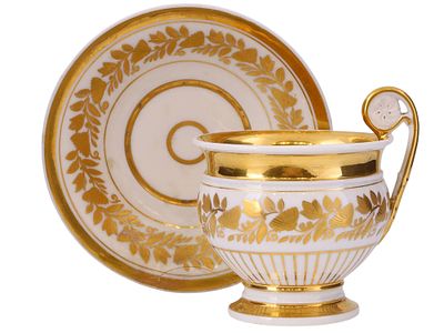 A PORCELAIN CUP AND SAUCER WITH RICH GILT DECORATION, PROBABLY RUSSIAN PRIVATE MANUFACTURE 