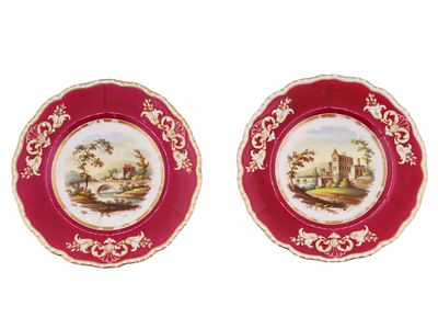 A PAIR OF RUSSIAN PORCELAIN CABINET PLATES WITH SCENIC RESERVES, PRIVATE FACTORY, MID TO LATE 