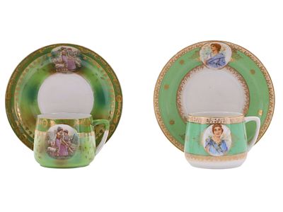 A PAIR OF SOVIET PORCELAIN PORTRAIT CUPS AND SAUCERS, DMITROVSKAYA PORCELAIN FACTORY (FORMERLY 