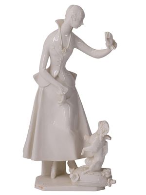 A MEISSEN WHITE PORCELAIN FIGURE OF A LADY WITH A DOG, MODELED BY PAUL SCHEURICH, GERMANY 