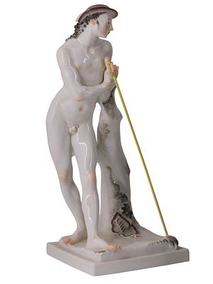 A MEISSEN PORCELAIN FIGURE OF A NUDE SHEPHERD, “DER HIRTE” BY PAUL SCHEURICH, GERMAN, C. 1919-1923. 