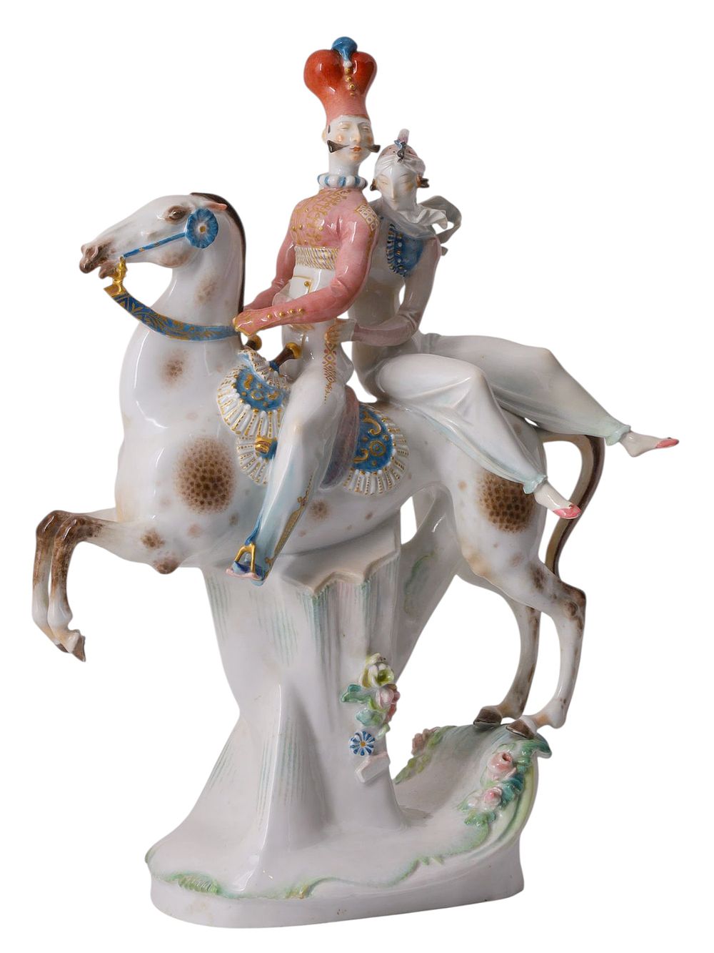 A MEISSEN HAND-PAINTED PORCELAIN FIGURAL GROUPING OF A HUSSAR AND WOMAN ON HORSEBACK. Hand-painte 