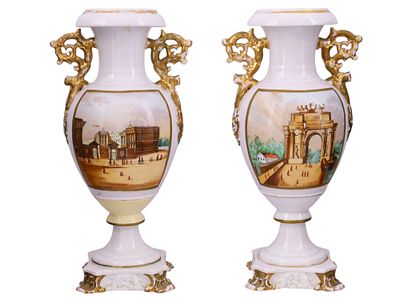 A PAIR OF EUROPEAN PORCELAIN VASES WITH ARCHITECTURAL VIEWS, PROBABLY GERMAN OR AUSTRIAN, LATE 