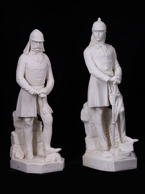 A PAIR OF VICTORIAN ENGLISH PARIAN WARE FIGURES, HODSON AND HAVELOCK, INDIA COLONIALISM. A pair 