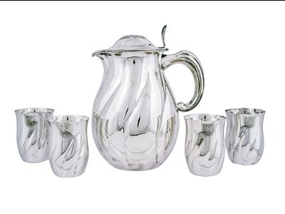 A RARE NAZI GERMAN SILVER SET OF FOUR HERMANN G&Ouml;RING COAT OF ARMS GOBLETS AND A PITCHER, CIRCA 