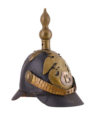 A RARE RUSSIAN M1844 15TH IMPERIAL INFANTRY REGIMENT TROOPER HELMET. Black lacquered leather 