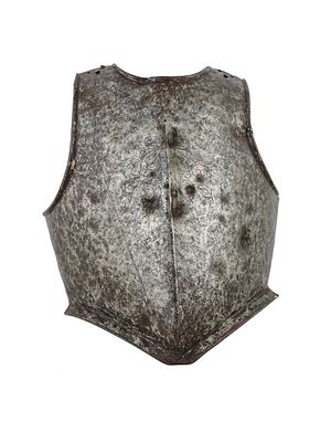 A 17TH-CENTURY ENGRAVED FRENCH BREASTPLATE WITH BULLET MARKS. A cuirass breastplate, most likely 