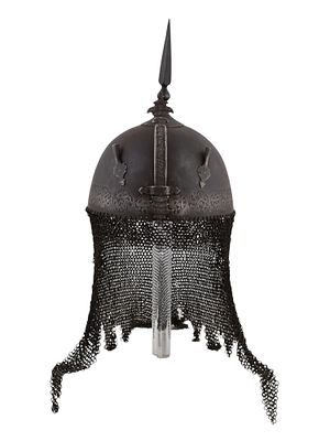 AN INDO-PERSIAN KHULA KHUD HELMET WITH ARABIC INSCRIPTIONS, 19TH CENTURY. A forged steel 