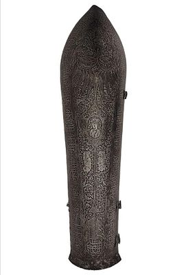 A PERSIAN SILVER-INLAID BAZUBAND ARM GUARD, 19TH CENTURY. A Persian arm guard (bazuband) of the 