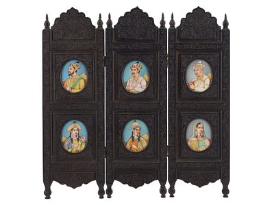 A MINIATURE INDO-PERSIAN PRIVACY SCREEN WITH SIX PORTRAITS. The screen is constructed of three 