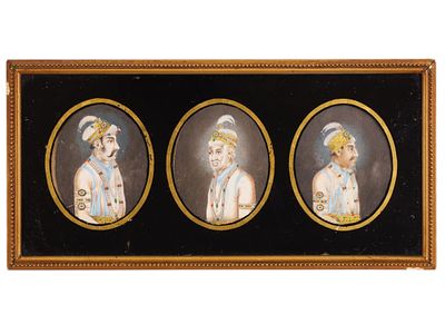 THREE INDO-PERSIAN MINIATURE PAINTINGS. Comprising three oval miniature portraits executed in 
