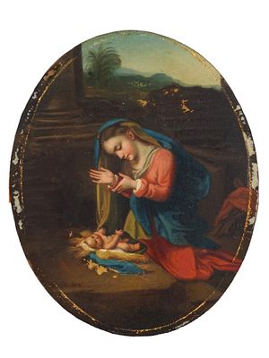 A HAND-PAINTED MINIATURE DEPICTING MADONNA OIL ON PANEL 18 C. Oval oil on board painting, The 